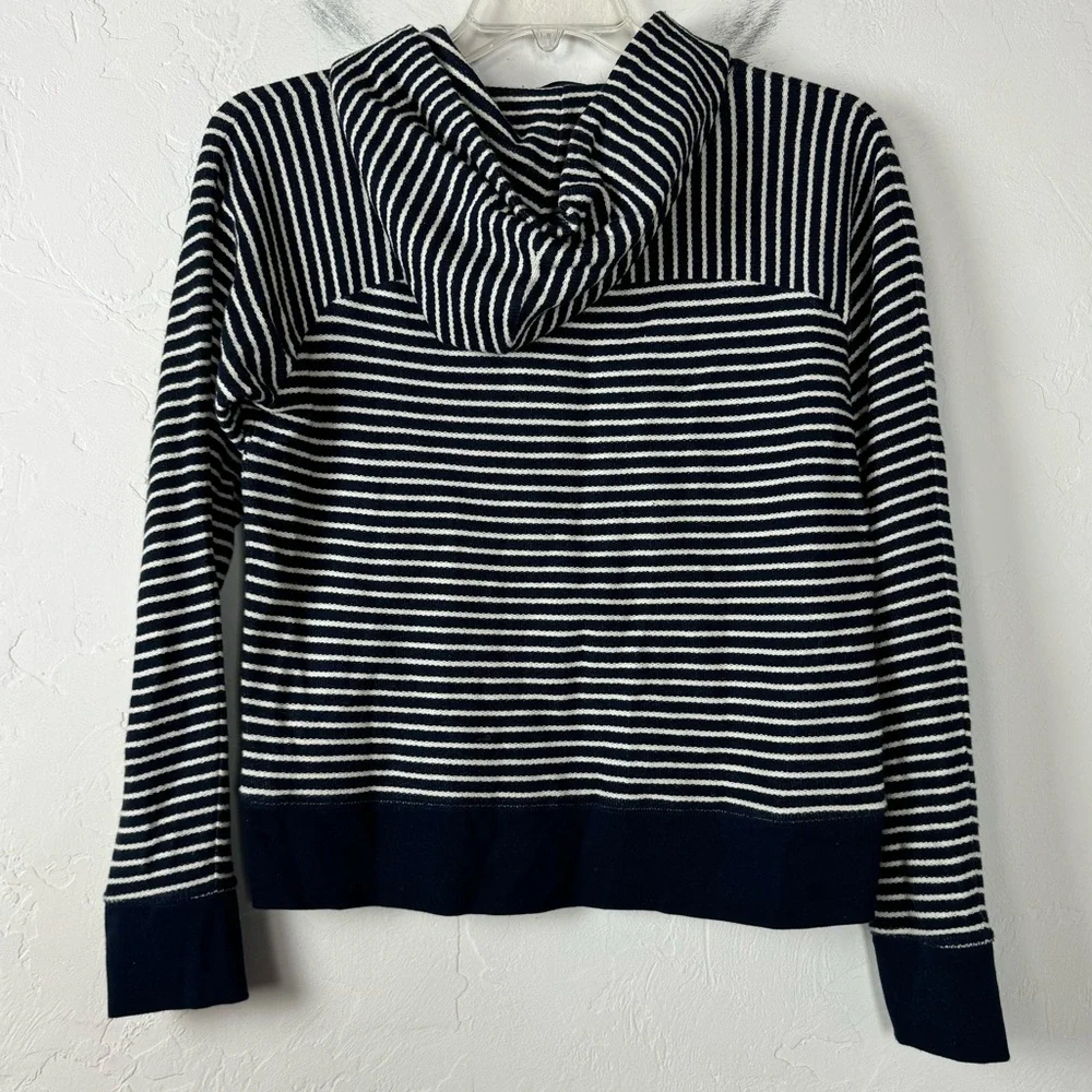 J Crew Hoodie Pullover Sweatshirt Sweater Striped Print Navy Blue Ivory Terry - Picture 2 of 9